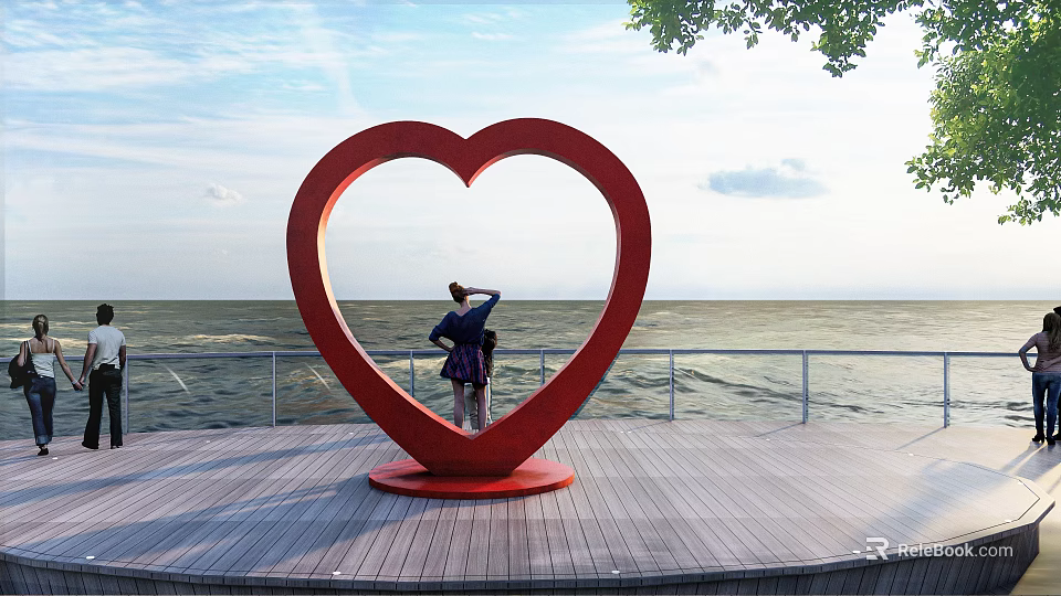 Red Heart shaped Landscape Sculpture On Seaside Wooden Platform With Person And Ocean View 3d model 