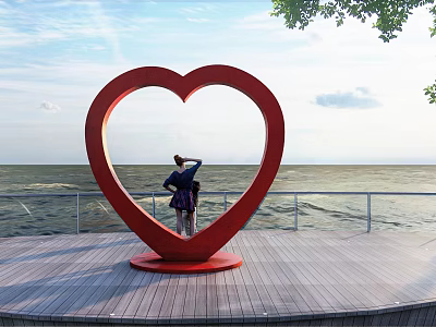 Red Heart shaped Landscape Sculpture On Seaside Wooden Platform With Person And Ocean View 3d model