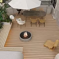 Rooftop Garden With Wooden Deck Fire Pit Outdoor Dining Table Chairs Green Plants And Trees