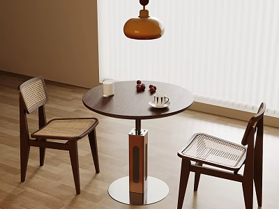Dark Wooden Round Negotiation Table and Chairs with Woven Seats Pendant Light and Wooden Floor 3d model
