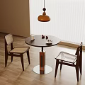 Dark Wooden Round Negotiation Table and Chairs with Woven Seats Pendant Light and Wooden Floor