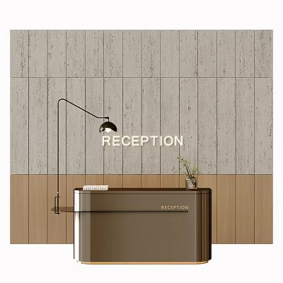 Modern Reception Desk Interior With Wooden Texture Floor Lamp And Plant Decor 3d model