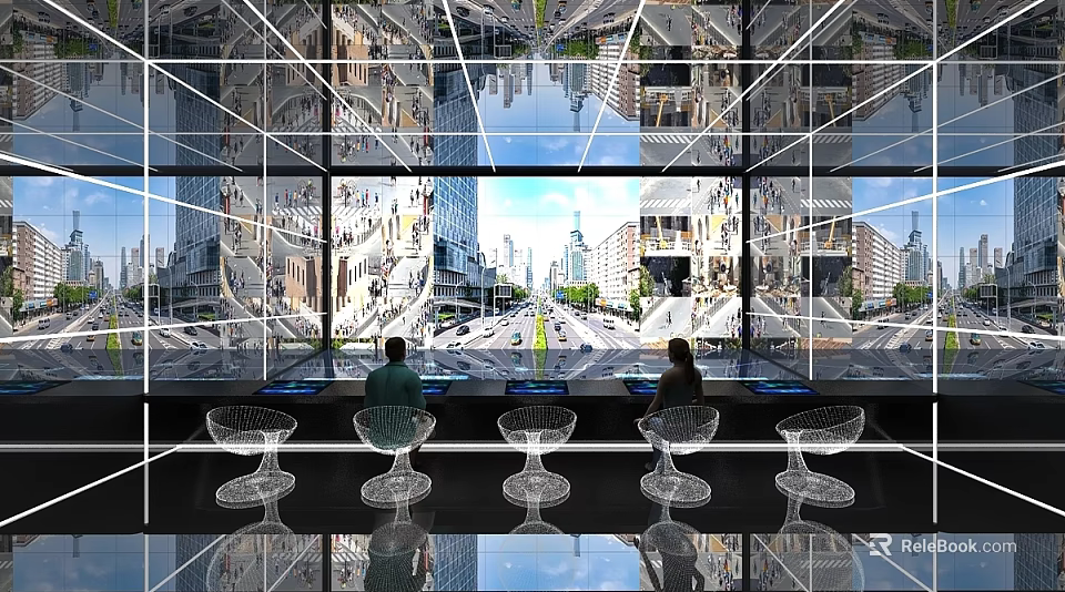 Modern Surveillance Control Room With Multiple Monitors Operators And Large Windows Showing Urban Landscape 3d model 