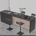 Modern Interior Black Bar Counter With Stool Chairs Potted Plant And Fruit Bowl
