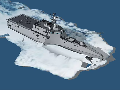 Modern Military Warship Sailing Through Ice Covered Polar Sea With Deck Equipment 3d model