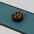 Ceramic Bowl Filled With Fresh Pears And Glass Bottle On Light Blue Tiled Floor