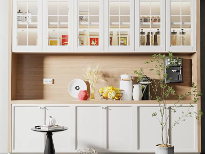 White Glass Door Kitchen Cabinets With Wooden Countertop Fruit Coffee Machine And Decorative Plants 3d model