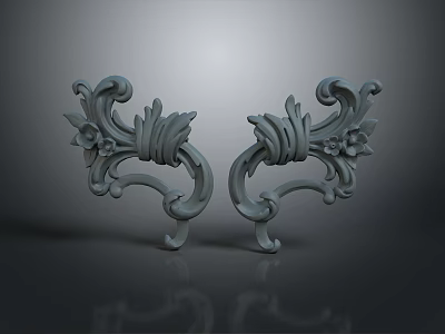 Gray Carved Decorations Featuring Flower Patterns And Curved Designs On Dark Background With Reflections 3d model