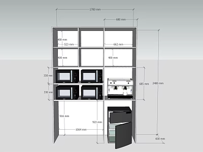 Various Kitchen Appliances Layout With Dimensions For Built In Cabinet Design 3d model