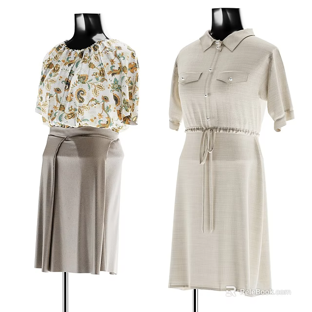 Clothes Hanger Displaying Floral Blouse Gray Skirt And Beige Dress With Waist Tie 3d model 
