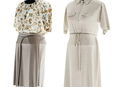 Clothes Hanger Displaying Floral Blouse Gray Skirt And Beige Dress With Waist Tie 3d model