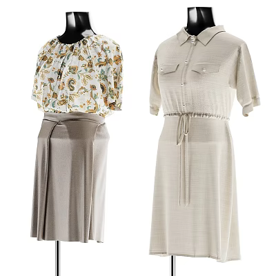 Clothes Hanger Displaying Floral Blouse Gray Skirt And Beige Dress With Waist Tie 3d model