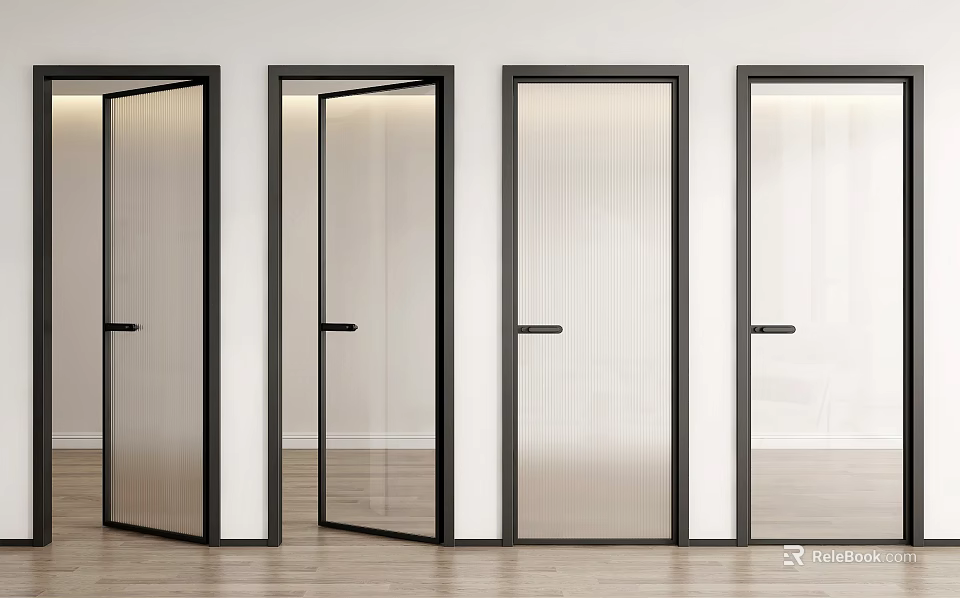 Modern Hinged Doors With Black Frames And Various Glass Types For Interior Spaces 3d model
