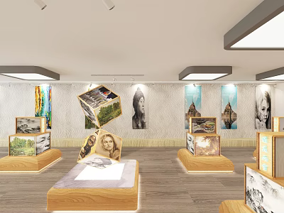 Modern Interior Exhibition Hall With Wooden Display Stands Artwork Replicas And Wall Paintings 3d model