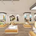 Modern Interior Exhibition Hall With Wooden Display Stands Artwork Replicas And Wall Paintings