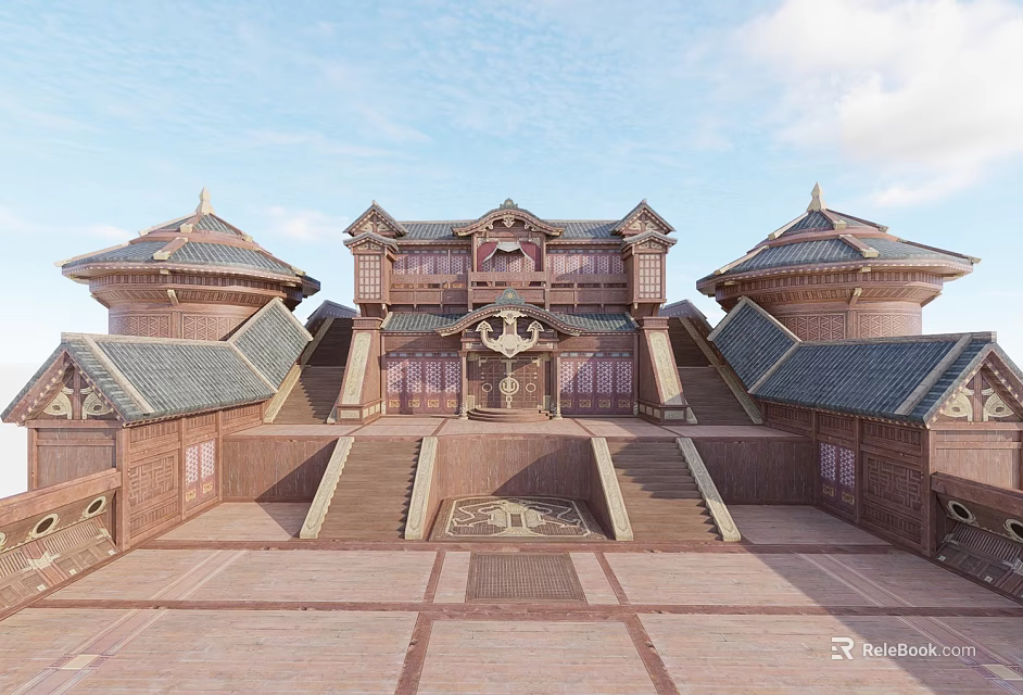 Cartoon Scene of Traditional Chinese Architecture With Pagoda Towers And Courtyard 3d model 
