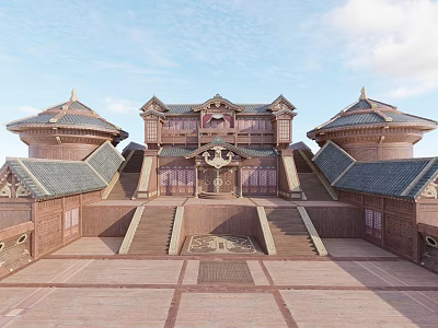 Cartoon Scene of Traditional Chinese Architecture With Pagoda Towers And Courtyard 3d model