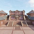 Cartoon Scene of Traditional Chinese Architecture With Pagoda Towers And Courtyard