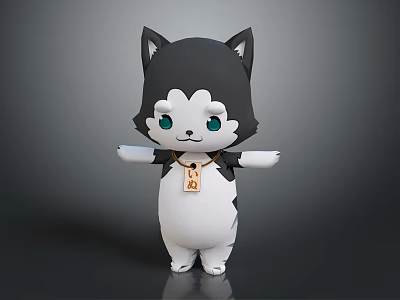 Cute Cartoon Husky Character With Black And White Fur Green Eyes And Tag Around Neck 3d model