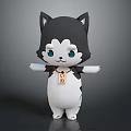 Cute Cartoon Husky Character With Black And White Fur Green Eyes And Tag Around Neck