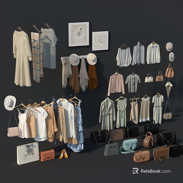 Fashionable Clothes Collection With Dresses Shirts Pants And Accessories Like Bags Hats Shoes 3d model 