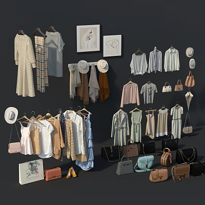 Fashionable Clothes Collection With Dresses Shirts Pants And Accessories Like Bags Hats Shoes 3d model