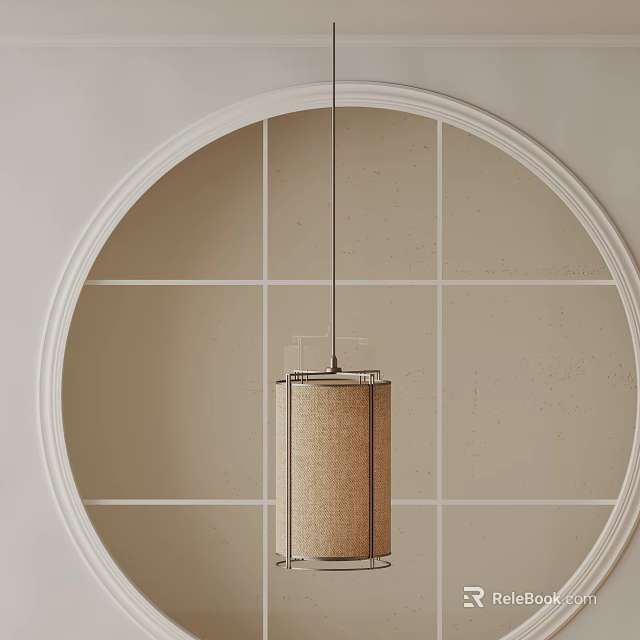 Stylish Cylindrical Pendant Light With Linen Shade And Metal Frame Against Circular White Frame 3d model 