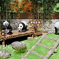 Scenic Panda Park Enclosure With Green Grass Bamboo Rocks And Wooden Fence