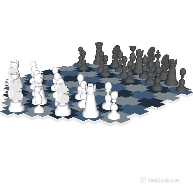 Decorative Chess Figurine Set with Blue Black Checkered Board and White Black Pieces 3d model 