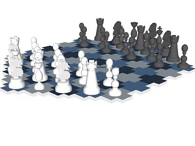 Decorative Chess Figurine Set with Blue Black Checkered Board and White Black Pieces 3d model