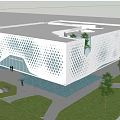 Modern Commercial Complex With Perforated White Facade Trees Lawn And Pathway