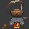 Traditional Rustic Kitchen With Copper Teapot Brick Stove Open Flame And Cooking Utensils