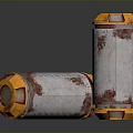 Rusted Metal Cylindrical Devices With Orange Top And Base Red Glowing Sections Standing And Lying