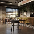 Modern Industrial Café Interior With Green Plants And Wooden Furniture