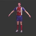 3D Rendered Male Soccer Character In Red Blue Uniform Standing With Arms Outstretched