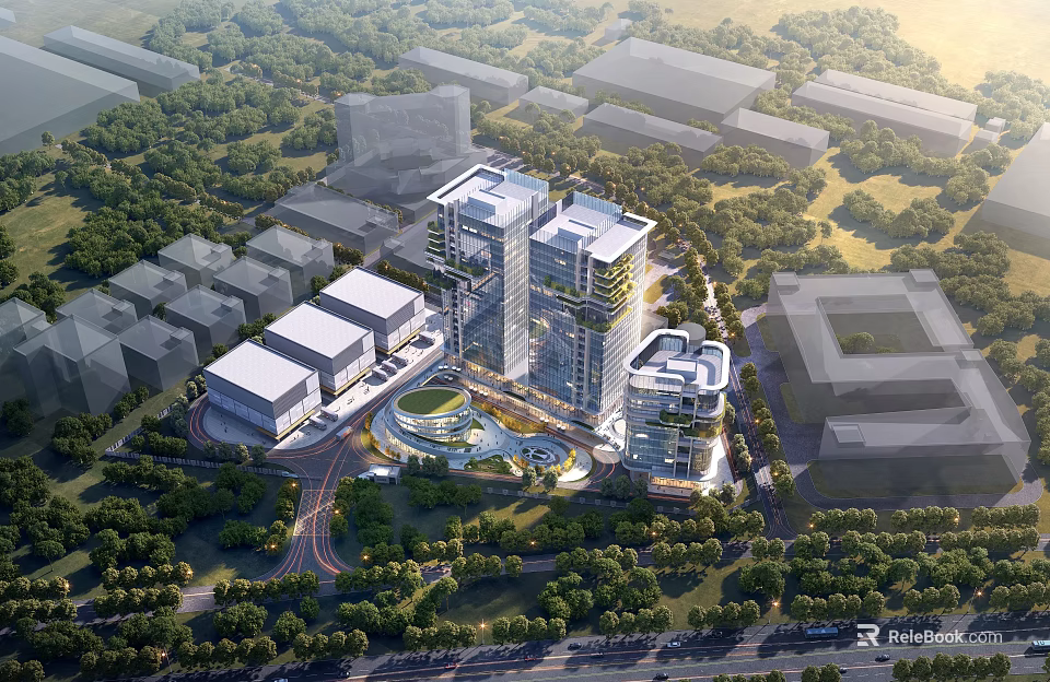 Modern High Rise Building Complex With Green Landscape And Urban Roads 3d model 