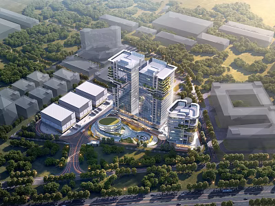 Modern High Rise Building Complex With Green Landscape And Urban Roads 3d model