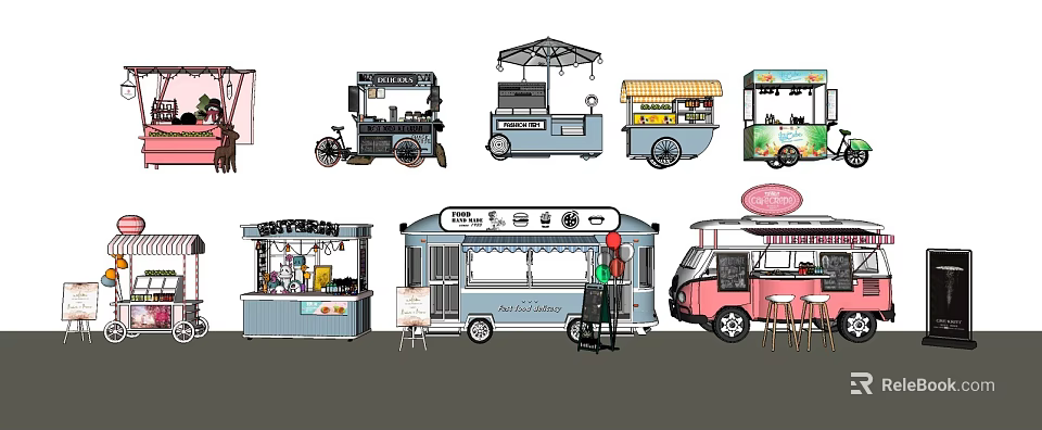 Colorful Street Food Carts And Stalls With Umbrellas Signs And Wheels Design 3d model 