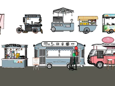 Colorful Street Food Carts And Stalls With Umbrellas Signs And Wheels Design 3d model