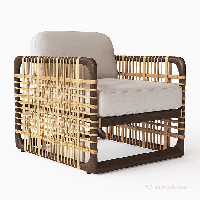 Modern Rattan Accent Chair With Wooden Frame And Light Beige Cushion 3d model 