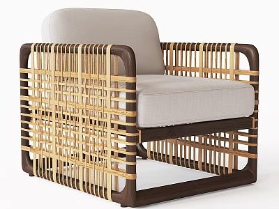 Modern Rattan Accent Chair With Wooden Frame And Light Beige Cushion 3d model