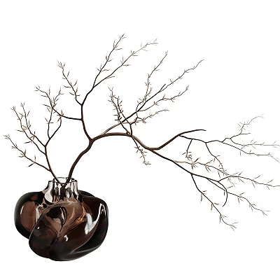 Dark Glossy Unique Shaped Vase With Decorative Dry Branches For Home Decor 3d model