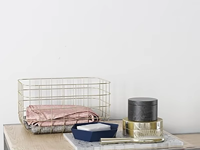 Stylish Ornamental Decor Set With Gold Wire Basket Pink Fabric And Black Cylindrical Box 3d model