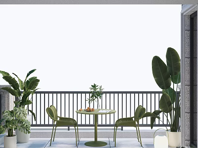 Balcony Garden Landscape With Green Chairs Round Table And Large Leaf Plants 3d model