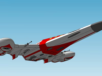 Red And White Futuristic Spaceship Flying In Blue Sky With Sleek Design 3d model