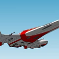 Red And White Futuristic Spaceship Flying In Blue Sky With Sleek Design