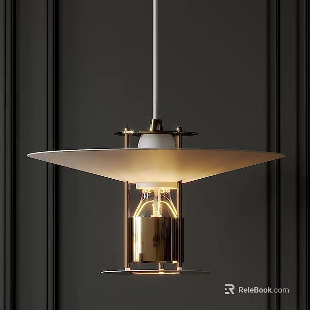 Modern Minimalist Pendant Light With White Shade And Brass Metal Structure Hanging Over Dark Wall 3d model 