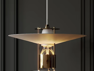 Modern Minimalist Pendant Light With White Shade And Brass Metal Structure Hanging Over Dark Wall 3d model