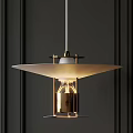 Modern Minimalist Pendant Light With White Shade And Brass Metal Structure Hanging Over Dark Wall