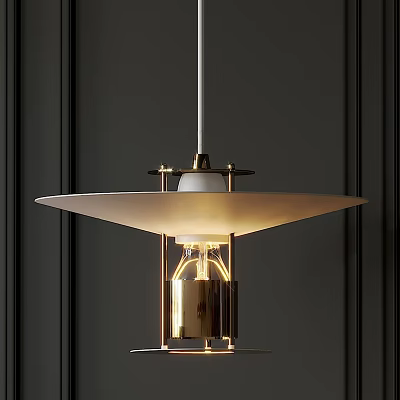 Modern Minimalist Pendant Light With White Shade And Brass Metal Structure Hanging Over Dark Wall 3d model